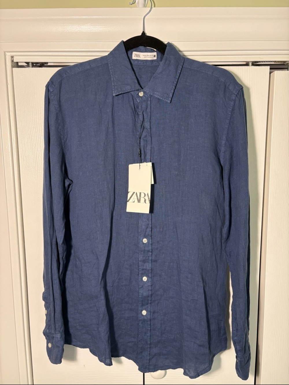 Zara 100% Linen Long Sleeve Button Down Blue Shirt Medium NWT